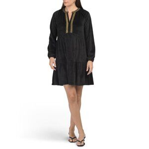 CABANA LIFE Black Velvet Placket Tiered Mini Dress